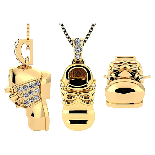 Gold plated silver baby shoe necklace for new mom.