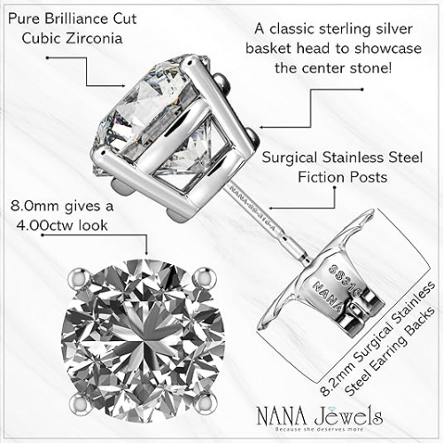 Simulated Diamond Stud Earrings Round Sterling Silver Hypoallergenic 0.30-8.00cttw