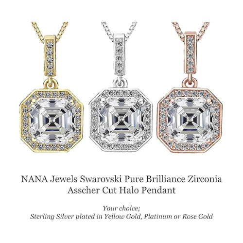 NANA Asscher Cut Halo CZ Simulated Diamond Solitaire Necklace Sterling Silver 7mm Zirconia Center Gemstone