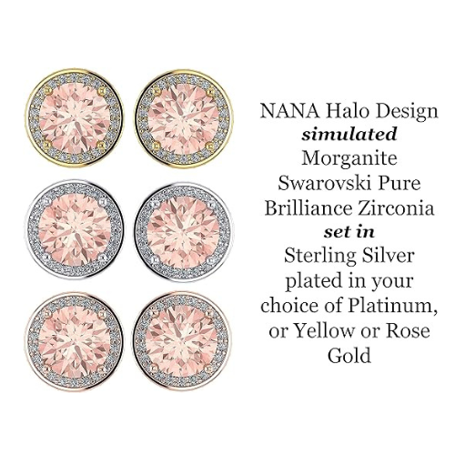 Simulated Morganite Pure Brilliance Zirconia Round Halo Stud Earrings in Solid Sterling Silver, Hypoallergenic