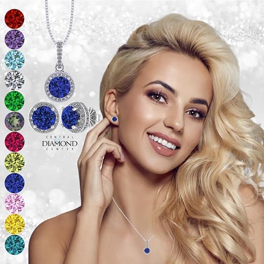 Central Diamond Center Round Halo Earring & Necklace Set w/ 6.5mm Simulated Birthstones in 925 Sterling Silver, Hypoallergenic