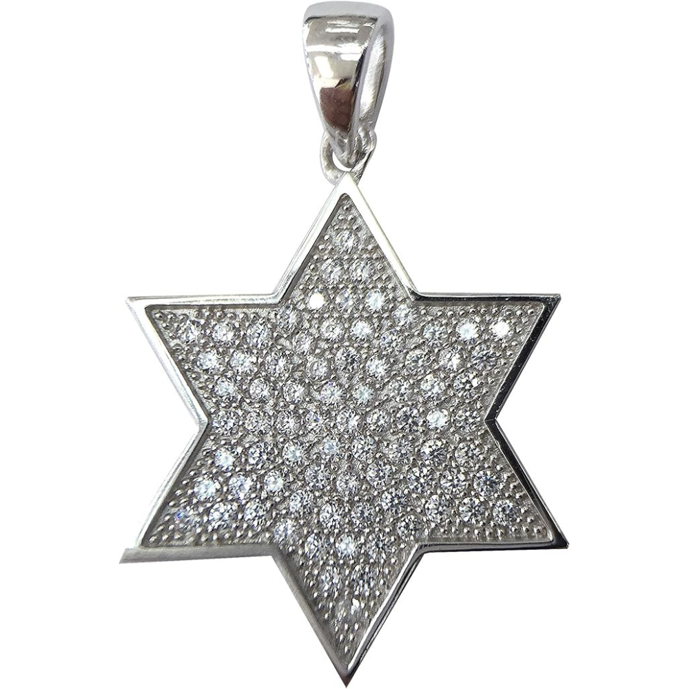 Central Diamond Center Star of David Pendant Sterling Silver and Pure Brilliance CZ w/Box Chain
