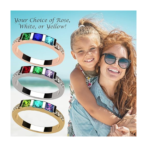 Central Diamond Center Princess w/Sides Mothers Rings with 1 to 6 Simulated Birthstones, Sterling Silver, 10K or 14K Gold