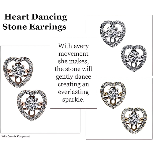 Model wearing sterling silver heart dancing earrings.