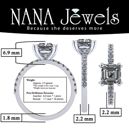 NANA Jewels 1.50ct-3.00ct Asscher Cut Solitaire Zirconia Engagement Ring W/Sides in Sterling Silver, 10K or 14K Gold