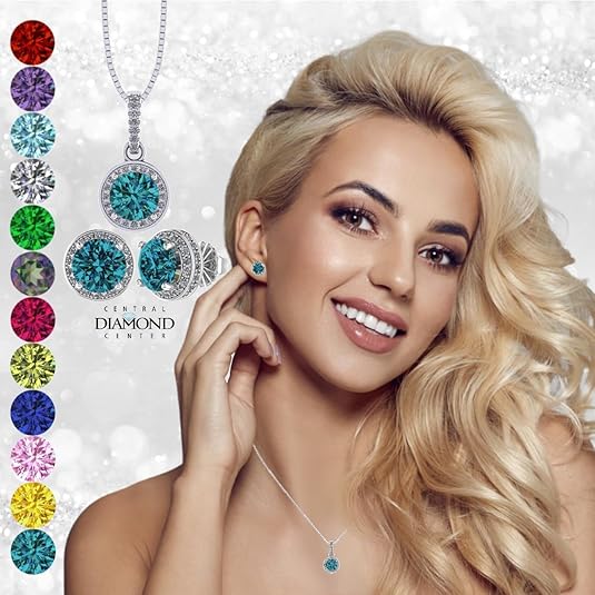 Central Diamond Center Round Halo Earring & Necklace Set w/ 6.5mm Simulated Birthstones in 925 Sterling Silver, Hypoallergenic