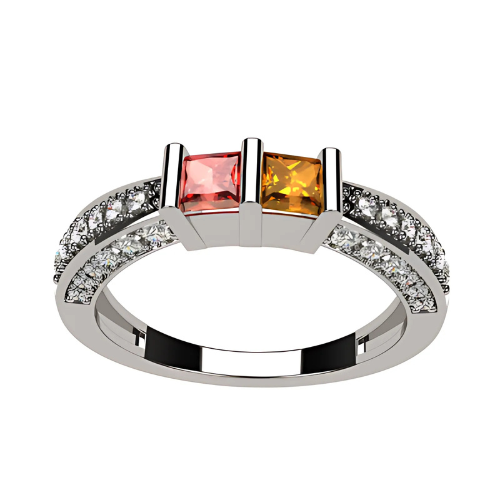 Close-up of 14K Gold princess cut ring with side CZs.