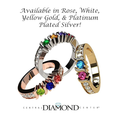 Central Diamond Center S-Bar with Sides Mothers Birthstone Ring in Sterling Silver, 10K or 14K Gold w/ 1-6 Simulated Gemstones