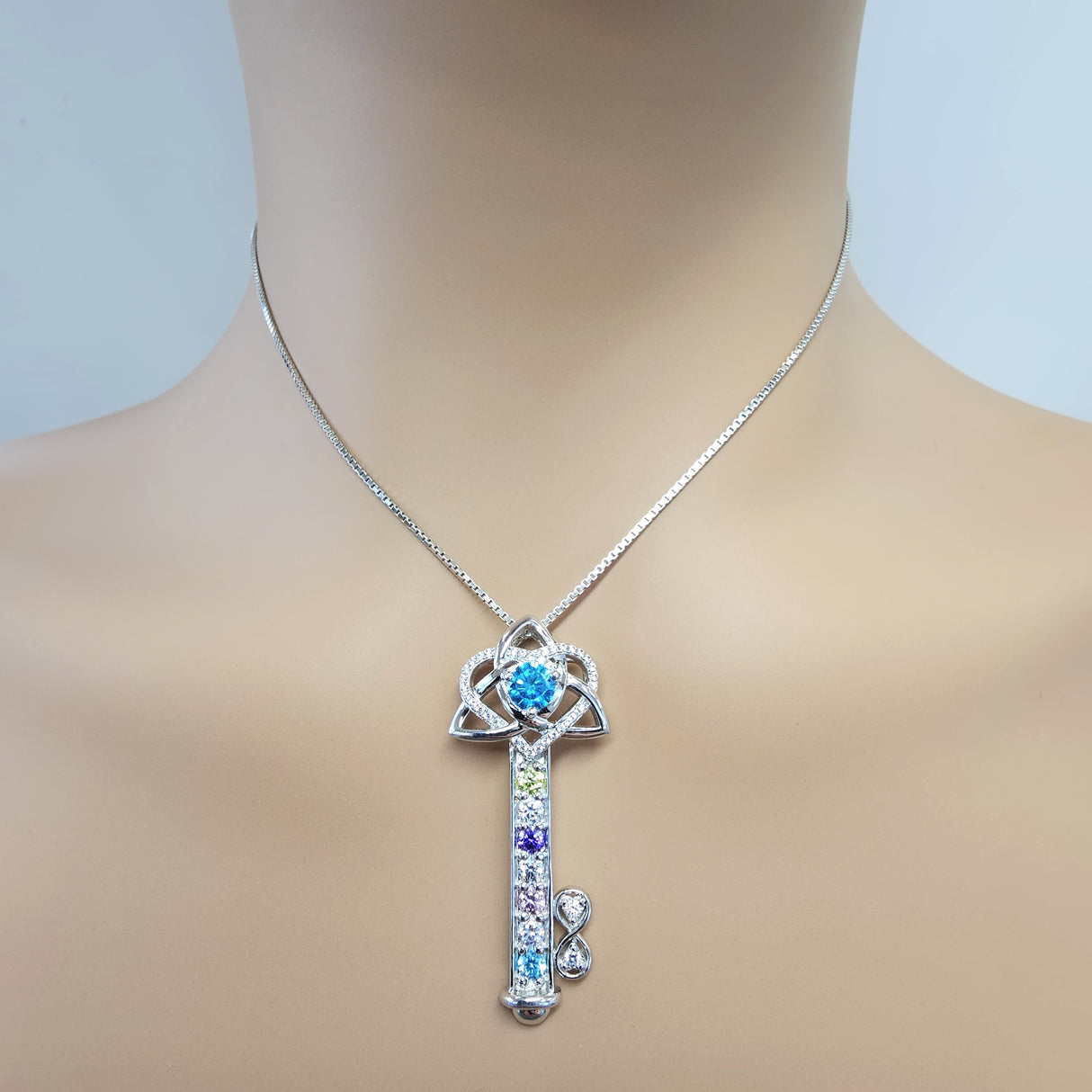 Key to Infinity Love Mother & Child Necklace w/ 1-7 Birthstones in Silver, 10K, or 14K Gold