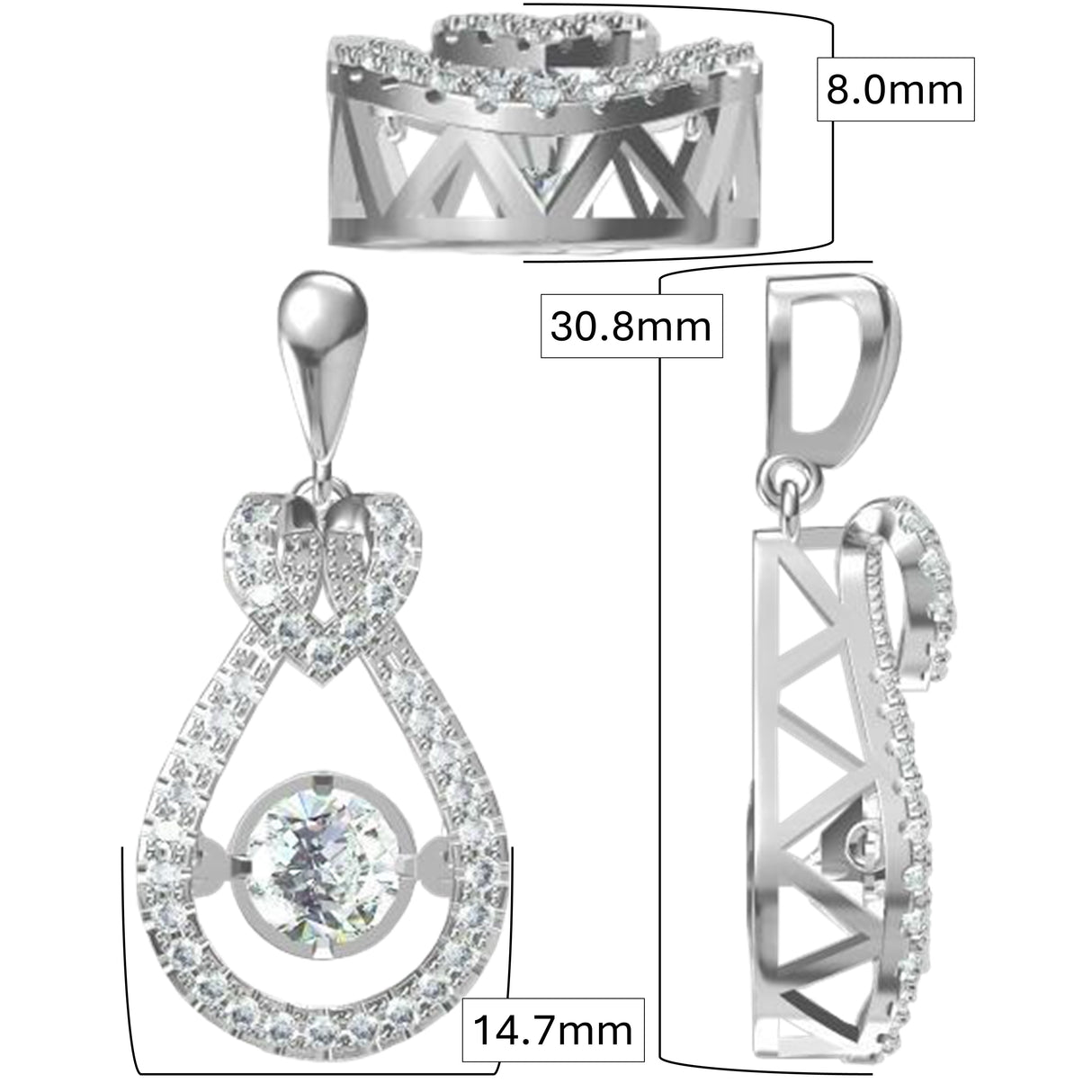 Heart & Pear dancing gemstone necklace on display.