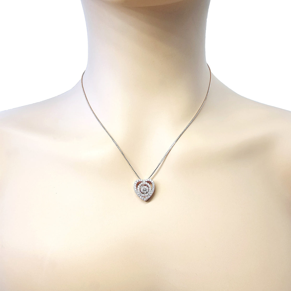 Front view: sterling silver dancing necklace heart circle.