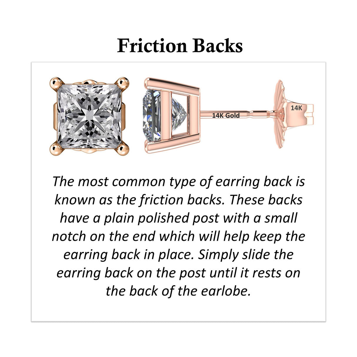 Threaded back and Friction back options for diamond studs.
