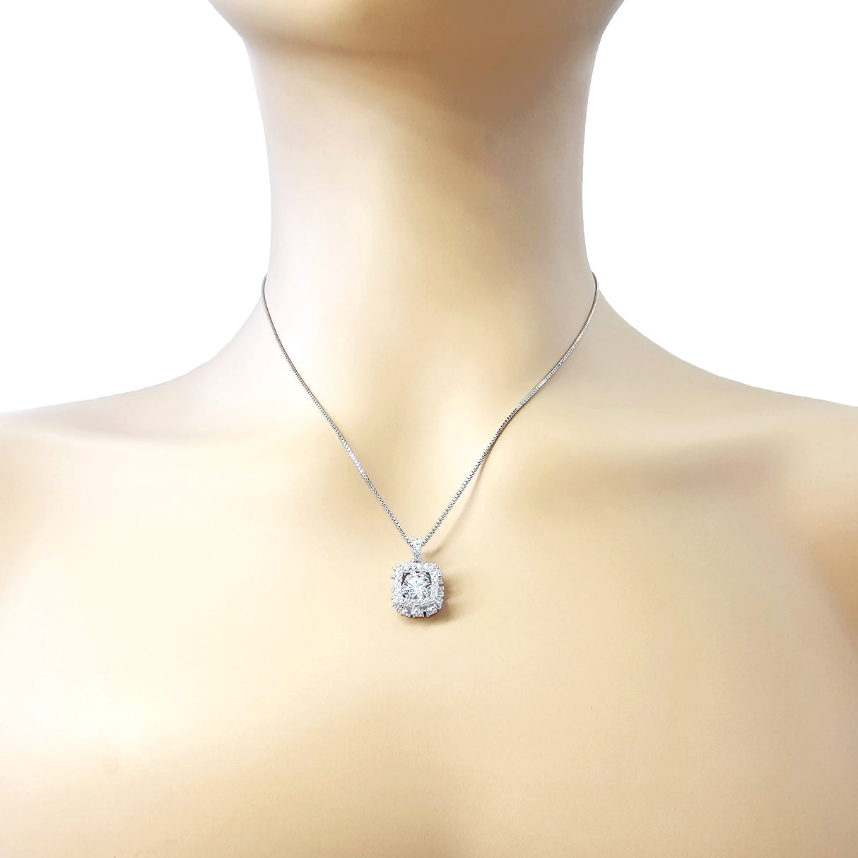 Rhombus dancing gemstone necklace on a jewelry display.