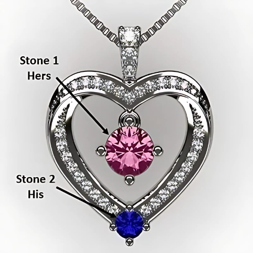 Close-up of the two simulated birthstones in heart setting.