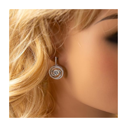 Central Diamond Center Circle Swirl Dancing Gemstone Dangle Earrings or Necklace in Sterling Silver w/Pure Brilliance Zirconia