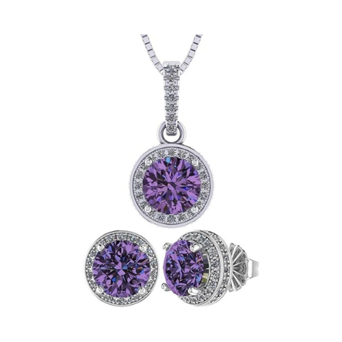 Central Diamond Center Round Halo Earring & Necklace Set w/ 6.5mm Simulated Birthstones in 925 Sterling Silver, Hypoallergenic