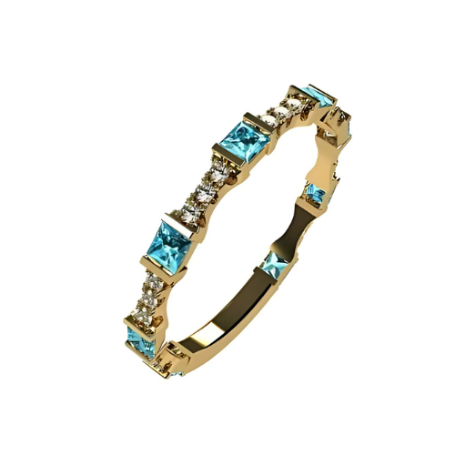 Close-up of gold plated stackable ring with birthstones.