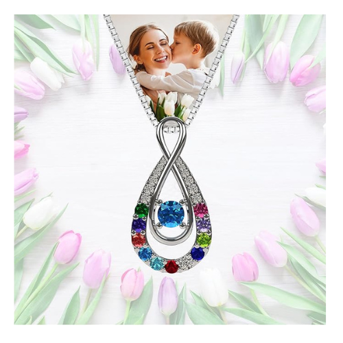 Yours Infinity Mother & Child Birthstone Necklace w/ 1 to 12 Stones in Silver, 10K, or 14K Gold