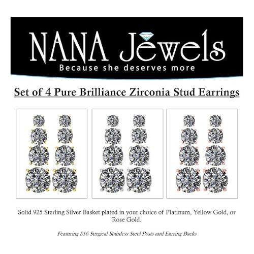 4 Pairs Stud Earrings Set, Hypoallergenic Pure Brilliance Cubic Zirconia 925 Sterling Silver, 4-6.5mm