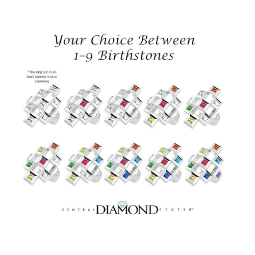 Central Diamond Center Sterling Silver Tic-Tac-Toe Mother's Ring w/ 1 to 9 Simulated Birthstones, Platinum Plated