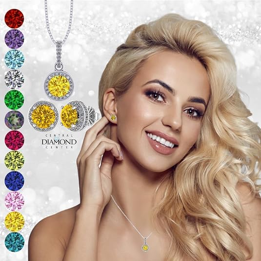 Central Diamond Center Round Halo Earring & Necklace Set w/ 6.5mm Simulated Birthstones in 925 Sterling Silver, Hypoallergenic