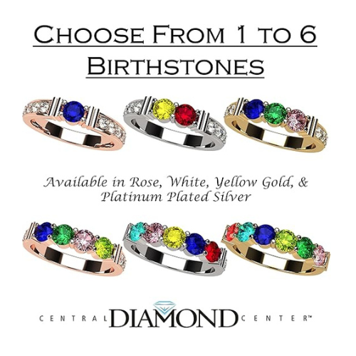 Central Diamond Center Shared Prong w/ Sides Mothers Birthstone Ring w/ 1-6 Simulated Gemstones in Sterling Silver, 10K, or 14K Gold