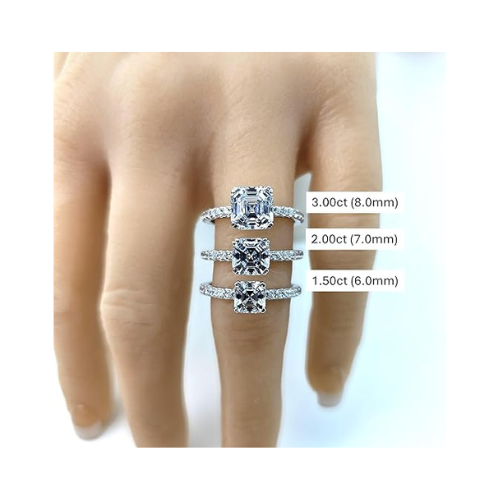 NANA Jewels 1.50ct-3.00ct Asscher Cut Solitaire Zirconia Engagement Ring W/Sides in Sterling Silver, 10K or 14K Gold