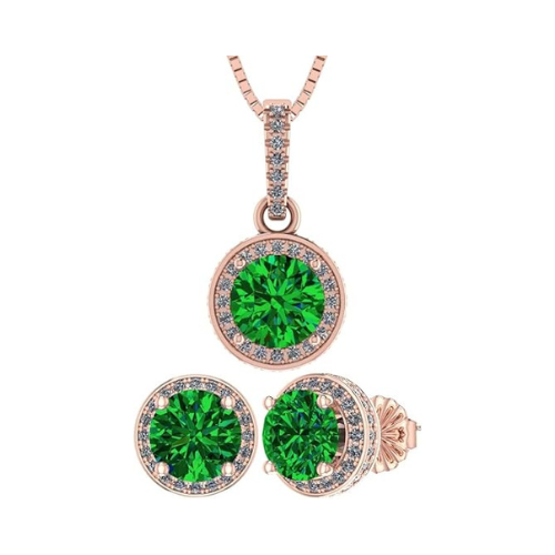 Central Diamond Center Round Halo Earring & Necklace Set w/ 6.5mm Simulated Birthstones in 925 Sterling Silver, Hypoallergenic