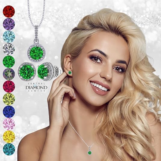 Central Diamond Center Round Halo Earring & Necklace Set w/ 6.5mm Simulated Birthstones in 925 Sterling Silver, Hypoallergenic
