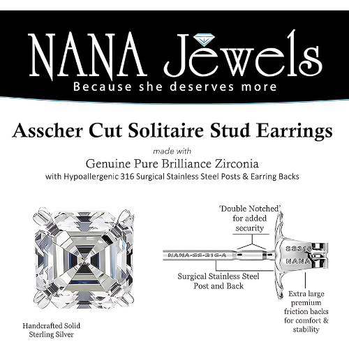 Nana Jewels Sterling Silver Asscher-Cut Pure Brilliance Zirconia Stud Earrings,(0.75 to 4 Cttw) Hypoallergenic