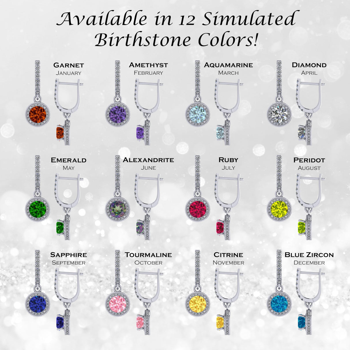 Halo Birthstone Dangle Earrings w/ Pure Brilliance Zirconia Accent Gemstones in Sterling Silver for Women