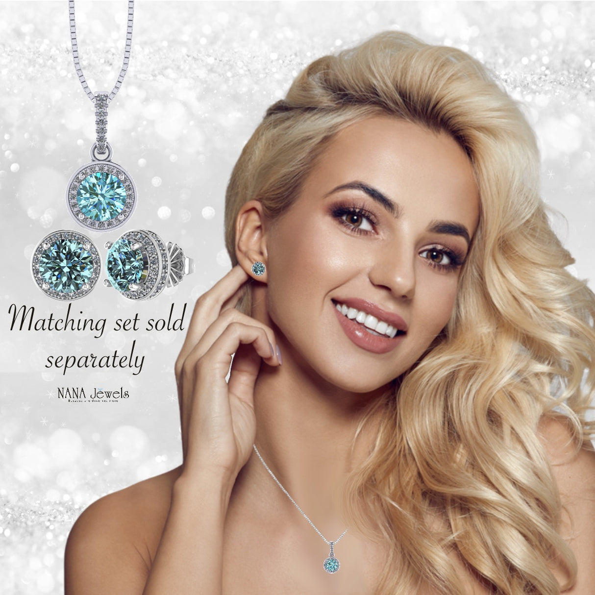 NANA Jewels Round Halo Simulated Aquamarine Pure Brilliance Zirconia Earrings & Necklace in Solid Sterling Silver