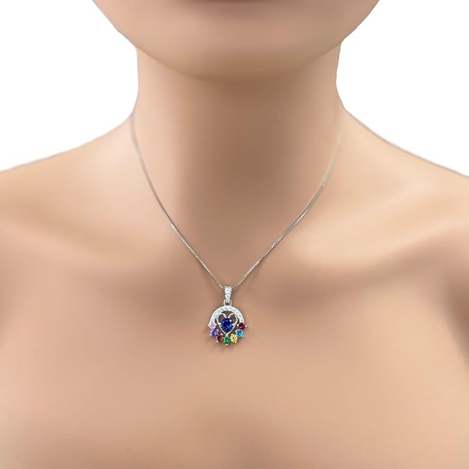 Central Diamond Center Heart in Circle Birthstone Mothers Necklace w/ 1-7 Simulated Gemstones in Solid Sterling Silver for Women