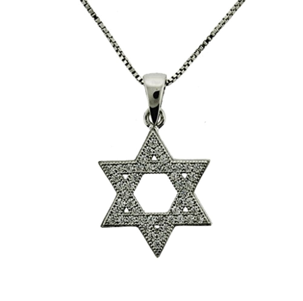 Central Diamond Center Star of David Pendant Sterling Silver and Pure Brilliance CZ w/Box Chain
