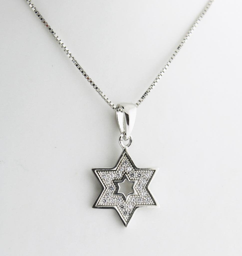 Central Diamond Center Star of David Pendant Sterling Silver and Pure Brilliance CZ w/Box Chain
