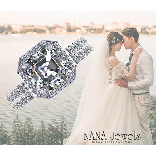 NANA Jewels Sterling Silver Asscher Cut Wedding Set Engagement Rings for Women - Choose Simulated Morganite, Citrine, Aquamarine & More