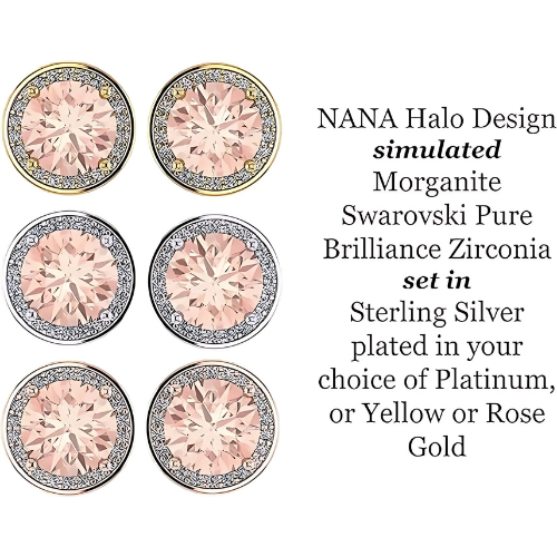 Simulated Morganite Pure Brilliance Zirconia Round Halo Stud Earrings in Solid Sterling Silver, Hypoallergenic