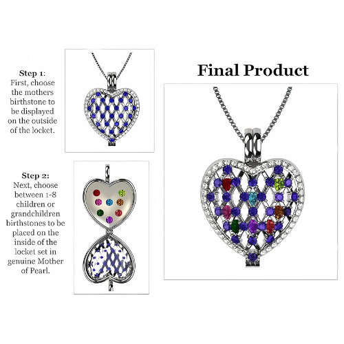 Detail of heart-shaped locket and intricate design.