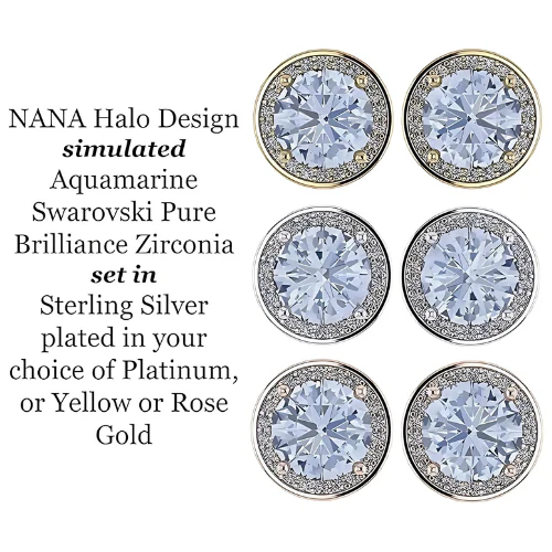 NANA Jewels Round Halo Simulated Aquamarine Pure Brilliance Zirconia Earrings & Necklace in Solid Sterling Silver
