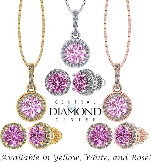 Central Diamond Center Round Halo Earring & Necklace Set w/ 6.5mm Simulated Birthstones in 925 Sterling Silver, Hypoallergenic