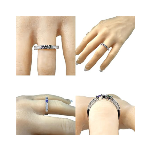 Central Diamond Center Princess Mothers Birthstone Ring w/Accent CZs on 3 Sides w/1-6 Simulated Gemstones in Silver, 10K or 14K Gold