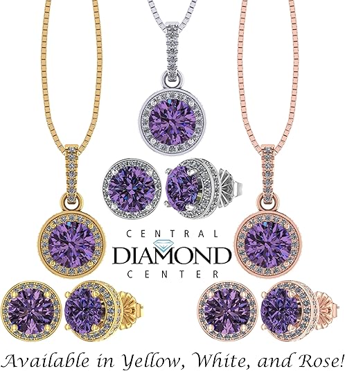 Central Diamond Center Round Halo Earring & Necklace Set w/ 6.5mm Simulated Birthstones in 925 Sterling Silver, Hypoallergenic