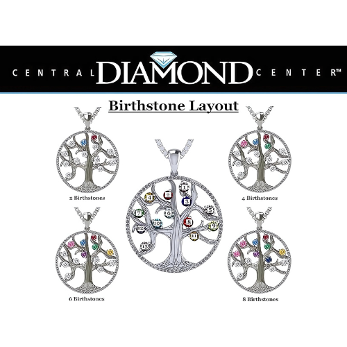 Mothers Tree of Life Birthstone Necklace w/ 1-13 Simulated Gemstones & CZ Bezel in Silver, 10K, 14K Gold
