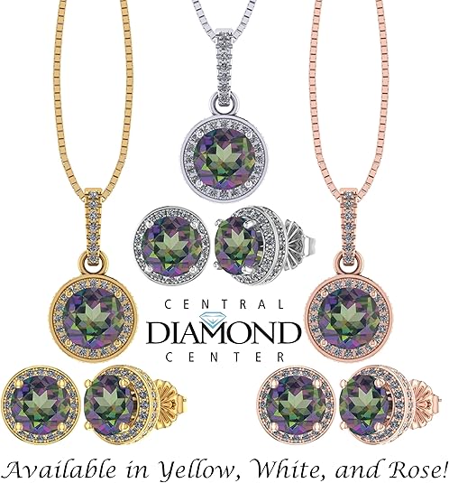 Central Diamond Center Round Halo Earring & Necklace Set w/ 6.5mm Simulated Birthstones in 925 Sterling Silver, Hypoallergenic
