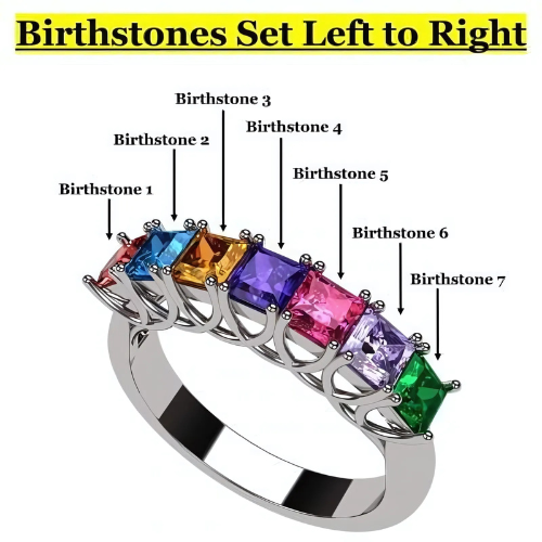 Central Diamond Center Princess Cut Lucita Mothers Rings w/ 1 to 7 Simulated Birthstones in Sterling Silver, 10K or 14K Gold