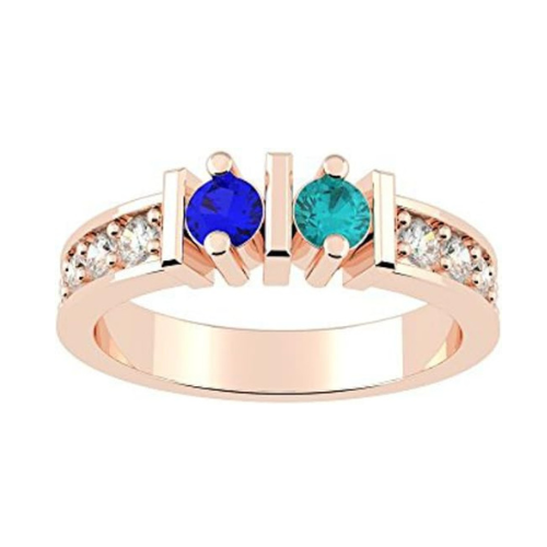 Central Diamond Center Straight Bar w/ Sides Couples 2 Stone Ring w/ Simulated Birthstones Silver or 10K, 14K Gold