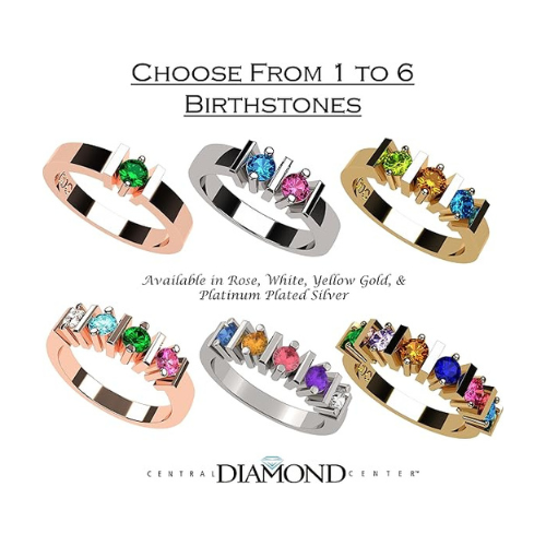 Central Diamond Center Straight Bar Mother's Ring Simulated Birthstone Ring w/ 1-6 Stones - Sterling Silver, 10K or 14K Gold