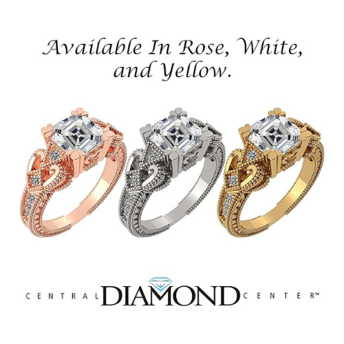 Central Diamond Center Asscher Cut Engagement Ring Pure Brilliance Zirconia, Vintage & Antique Look, Sterling Silver, 10K or 14K Gold