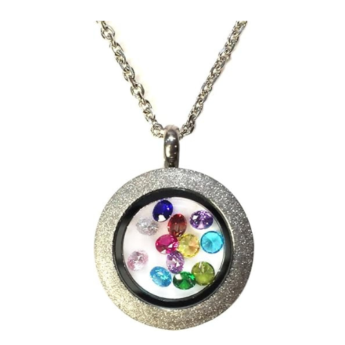 Central Diamond Center Stainless Steel Mother's Round Locket Pendant (Jan-Dec) Yellow/White/Rose Plated with a Chain