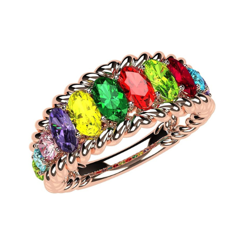 Central Diamond Center Oval Rope Mothers Birthstone Ring w/ 1 to 12 Simulated Gemstones in Sterling Silver, 10K, or 14K Gold For Women